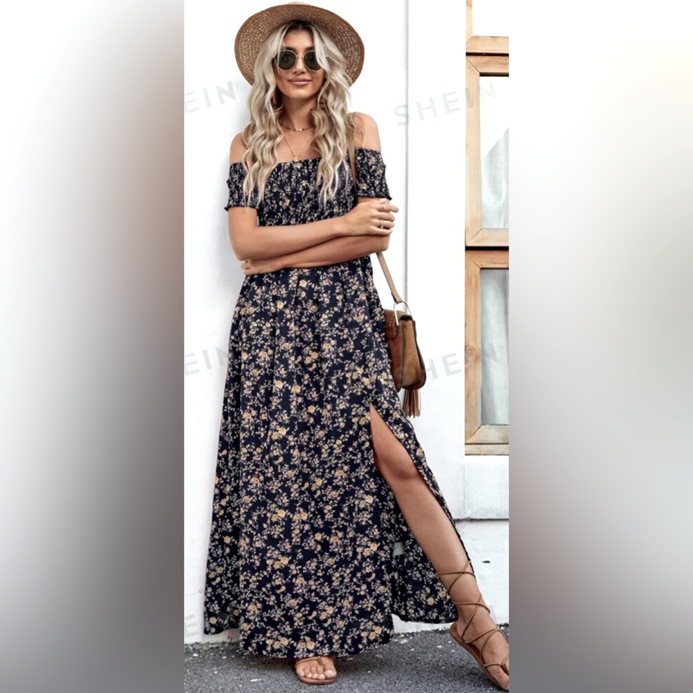 Off Shoulder Ditsy Floral High Split Dress